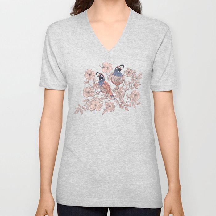 Quail and Wild Roses V Neck T Shirt