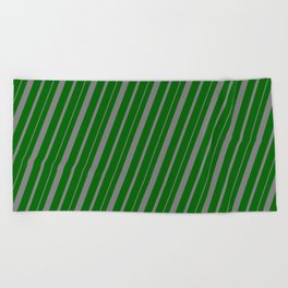 [ Thumbnail: Dark Green and Gray Colored Lined Pattern Beach Towel ]