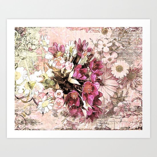 Vintage valentine bouquet on worn wood Art Print