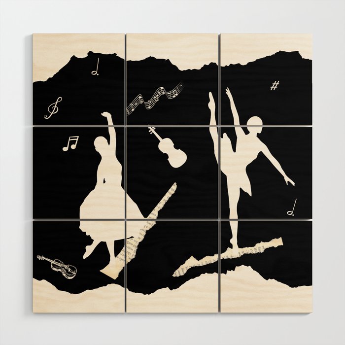 Two ballerina figures in white on black paper Wood Wall Art