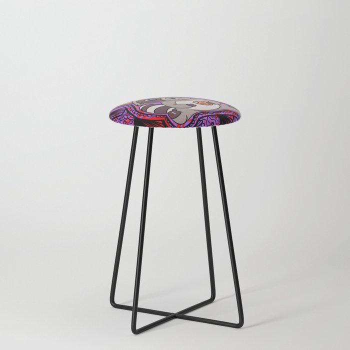Red and Purple Trippy Raccoon Design Counter Stool