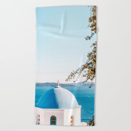 Blue Chapel on Santorini | Seaside over the White Buildings of the Cycladic Island in Greece | Travel Photography Fine Art Beach Towel
