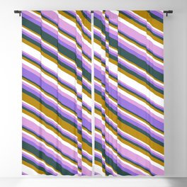 [ Thumbnail: Colorful Dark Goldenrod, White, Plum, Purple & Dark Slate Gray Colored Lines/Stripes Pattern Blackout Curtain ]
