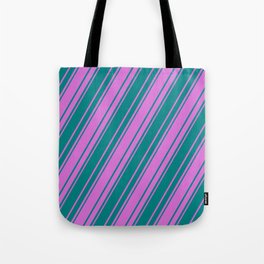 [ Thumbnail: Orchid and Teal Colored Stripes/Lines Pattern Tote Bag ]
