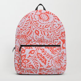 Woodblock print repeating pattern in orange and pink Backpack