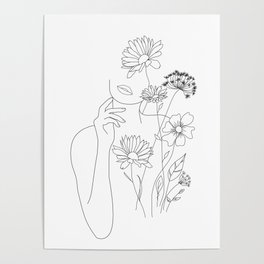 Minimal Line Art Woman with Flowers III Poster
