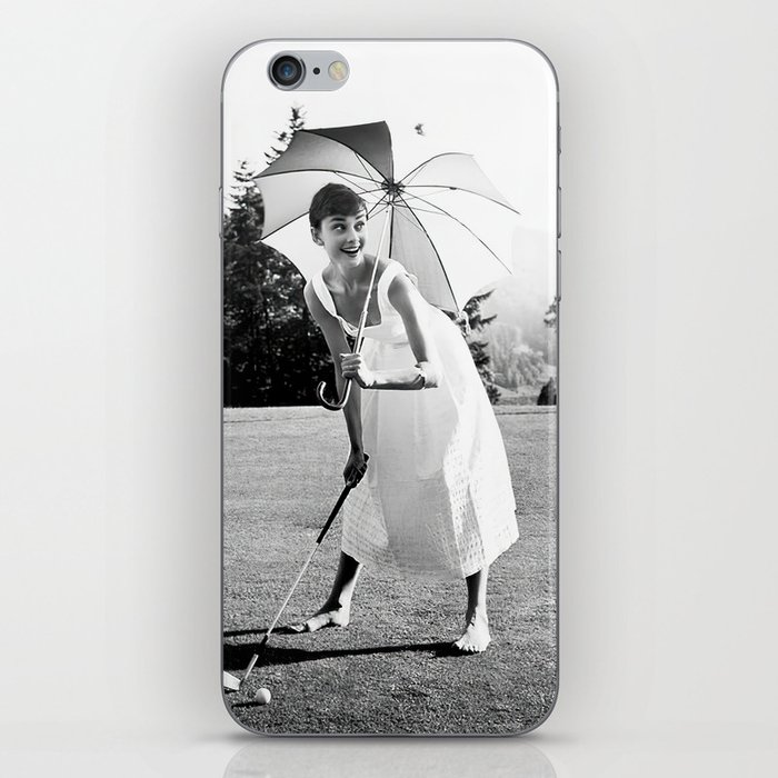 Audrey Hepburn Playing Golf, Black and White Vintage Art iPhone Skin