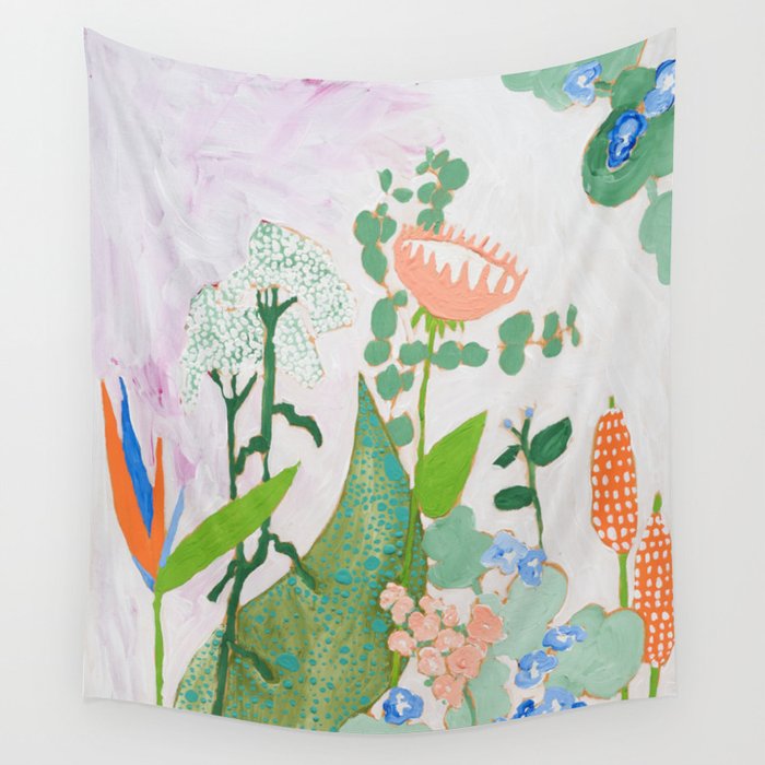 Multi Floral Painting on Pink and White Background Wall Tapestry