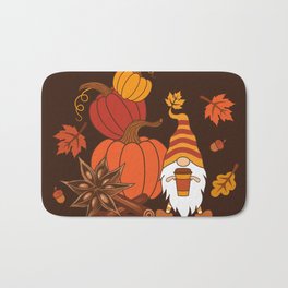 Pumpkins, star anise, cinnamon sticks, autumn leaves and gnome with a cup of pumpkin spice drink. Holiday card. Vintage fall design.  Bath Mat
