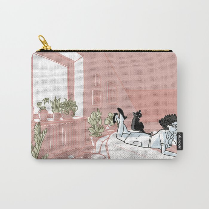 Woman with glasses reading beside her cute black cat Carry-All Pouch