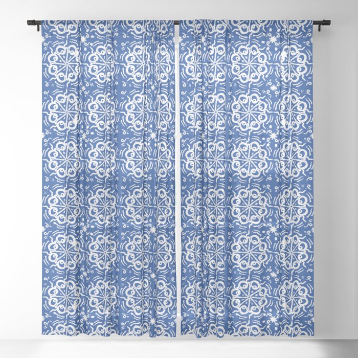 Vintage Navy Blue on Sky Blue Quilt Mid-Century Modern Pattern Sheer Curtain