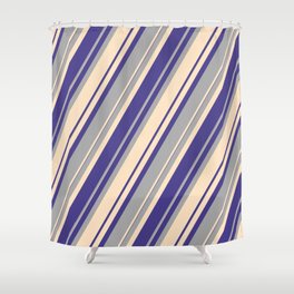 [ Thumbnail: Dark Slate Blue, Dark Grey, and Bisque Colored Pattern of Stripes Shower Curtain ]