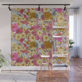 Flower Power Bold Multicolored Pink Yellow Orange Gray with Black Outlines Botanical Pattern Wall Mural