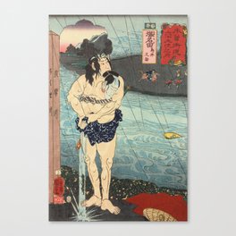 Samurai Crossing River After Battle - Antique Japanese Ukiyo-e Woodblock Print Art From The Early 1800's. Canvas Print