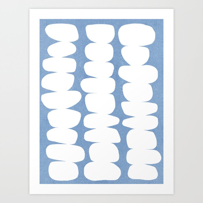 Minimal abstract Zen Pebbles Pattern 1.2 white on Blue Nova Art Print