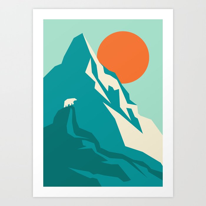 As the sun rises over the peak Kunstdrucke | Graphic-design, Digital, Illustration, Geometrisch, Outdoor, Abenteuer, Bär, Sonne, Travel, Natur
