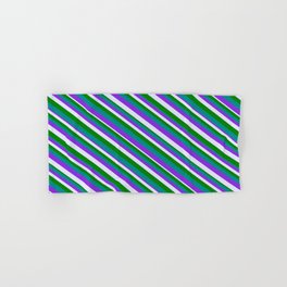 [ Thumbnail: Purple, Lavender, Green, and Dark Cyan Colored Striped/Lined Pattern Hand & Bath Towel ]