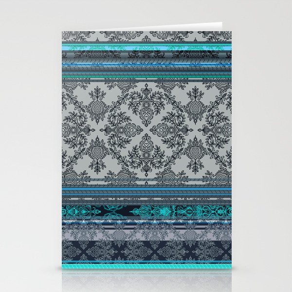 Teal, Aqua & Grey Vintage Bohemian Wallpaper Stripes Stationery Cards