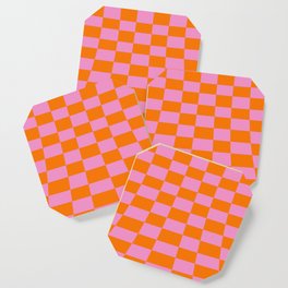 Warped perspective coloured checker board effect grid illustration orange and pink Coaster
