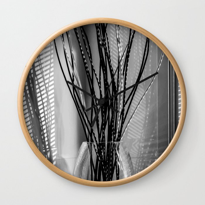 Black and White Line Shadow Photography Bathroom Reeds in a Vase  Wall Clock