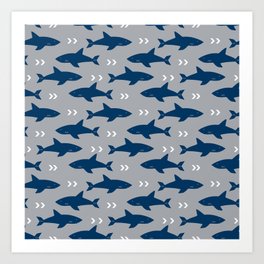 Sharks and chevrons minimal basic nursery baby home decor pattern nautical ocean Art Print