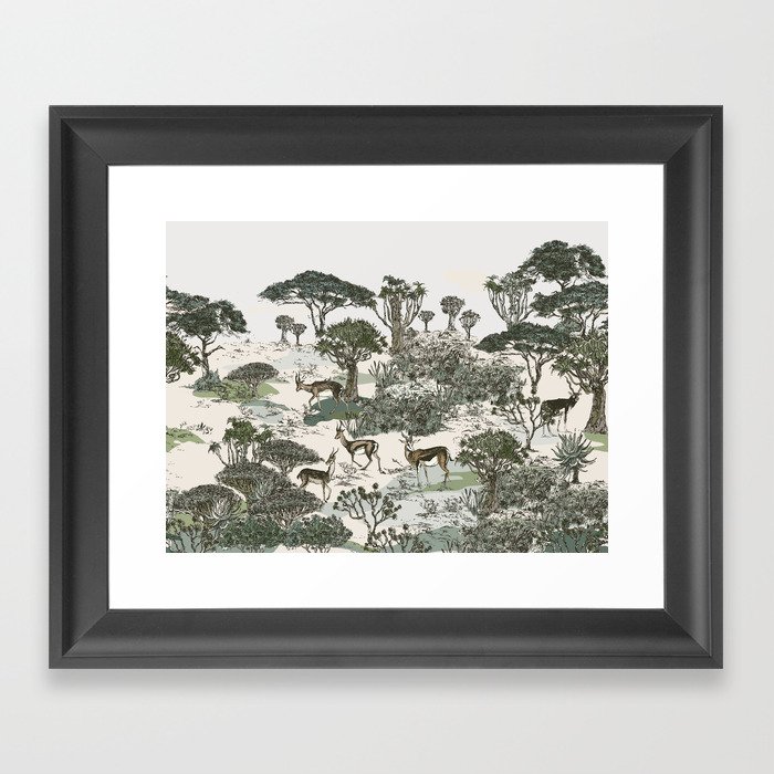 Seamless Panorama Safari Wildlife, African Animals in National Park Landscape, Antelopes in Savannah, Trees Panoramic View Hand Drawn Illustration, Mural hand drawn Design Framed Art Print