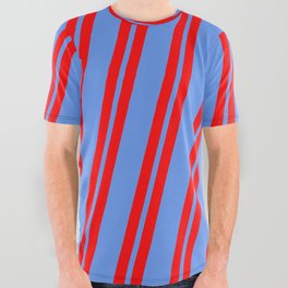 [ Thumbnail: Red and Cornflower Blue Colored Lines Pattern All Over Graphic Tee ]