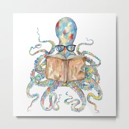 Octopus reading book watercolor  Metal Print