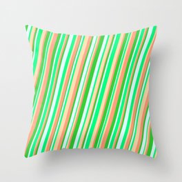 [ Thumbnail: Vibrant Light Cyan, Green, Tan, Light Salmon & Lime Green Colored Striped Pattern Throw Pillow ]