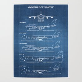 Boeing 747 Family Blueprint in High Resolution (light blue) Poster