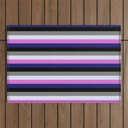 [ Thumbnail: Colorful Orchid, Midnight Blue, Black, Grey, and Lavender Colored Pattern of Stripes Outdoor Rug ]