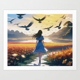 Anime Girl Walking - Sunset Landscape, Lake, Yellow Flowers Art Print