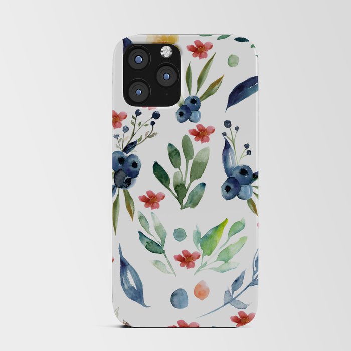 Modern Hand Painted Pink Blue Green Watercolor Blueberries Floral iPhone Card Case