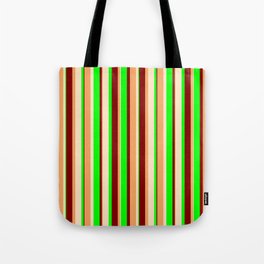[ Thumbnail: Brown, Bisque, Lime & Maroon Colored Pattern of Stripes Tote Bag ]