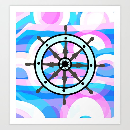 Ship's wheel on abstract marine background Art Print