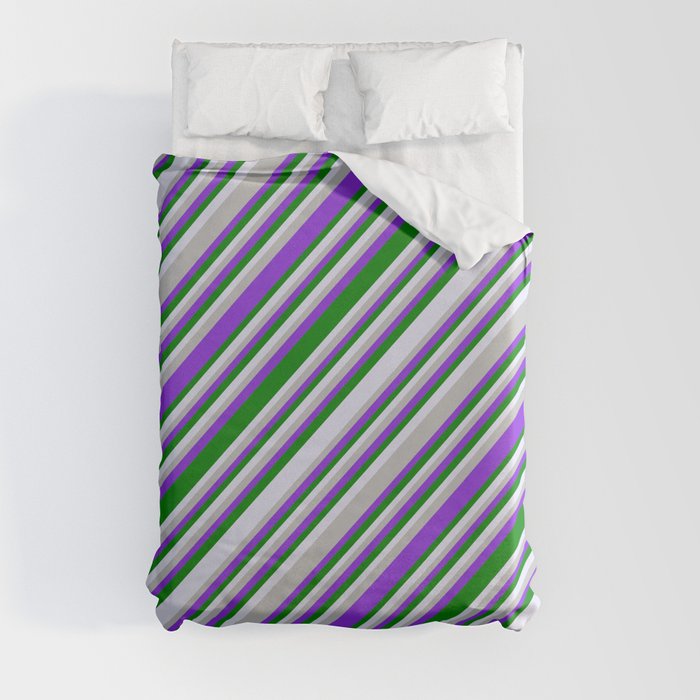 Grey, Purple, Green & Lavender Colored Lines/Stripes Pattern Duvet Cover