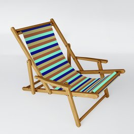 [ Thumbnail: Sienna, Aquamarine, Blue & Dark Khaki Colored Pattern of Stripes Sling Chair ]