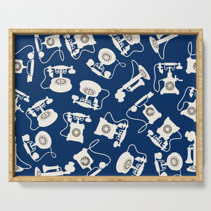 Vintage Rotary Dial Telephone Pattern on Dark Navy Blue Serving Tray