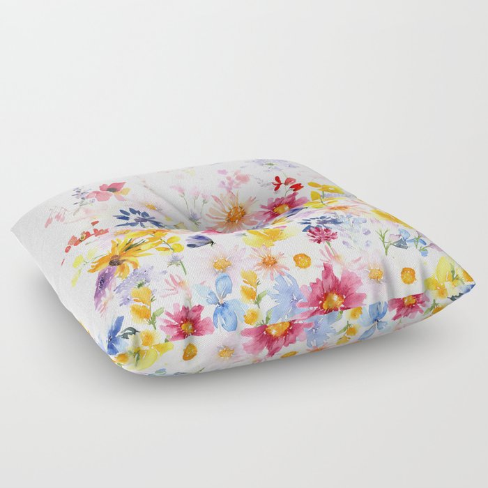 Colorful Hand Painted Watercolors Summer Flowers Meadow Floor Pillow