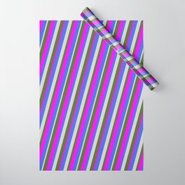 [ Thumbnail: Royal Blue, Light Grey, Dark Olive Green, and Fuchsia Colored Stripes Pattern Wrapping Paper ]