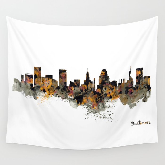 Baltimore Watercolor Skyline Wall Tapestry