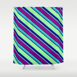[ Thumbnail: Green, Dark Turquoise, Purple, and Dark Blue Colored Striped Pattern Shower Curtain ]