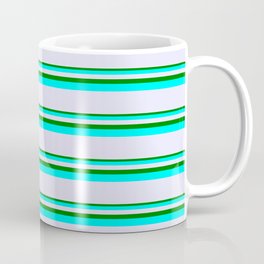 [ Thumbnail: Green, Aqua & Lavender Colored Pattern of Stripes Coffee Mug ]