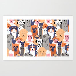 Funny diverse dog crowd character cartoon background Art Print