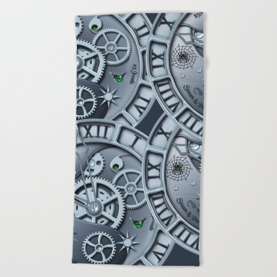 Steampunk clock silver Beach Towel