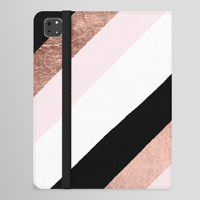 Modern trendy black blush pink rose gold geometric stripes pattern iPad Folio Case
