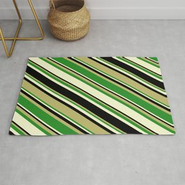 [ Thumbnail: Dark Khaki, Forest Green, Light Yellow, and Black Colored Pattern of Stripes Rug ]