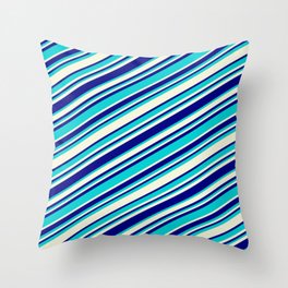 [ Thumbnail: Beige, Blue & Dark Turquoise Colored Striped/Lined Pattern Throw Pillow ]