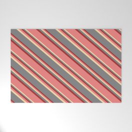 [ Thumbnail: Light Coral, Tan, Gray & Brown Colored Striped Pattern Welcome Mat ]