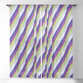 [ Thumbnail: Vibrant Green, Grey, Lavender, Blue & Purple Colored Lined Pattern Sheer Curtain ]